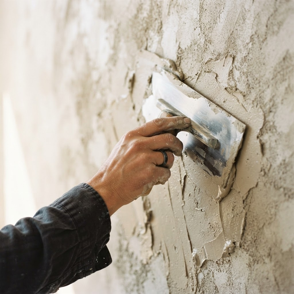 Craftsperson hand-applying microcement with a steel trowel