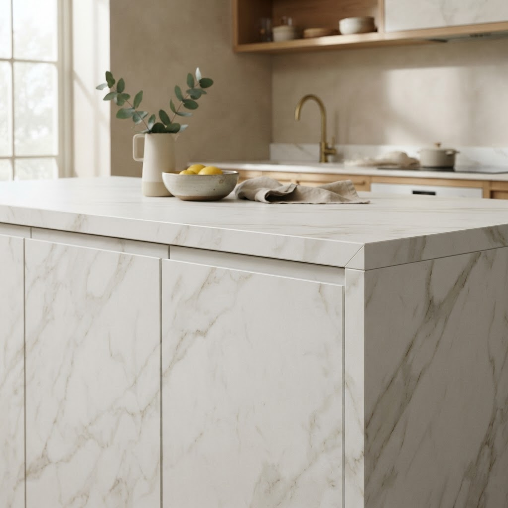 Marble-Look Counter — Wrapping in Private Residence